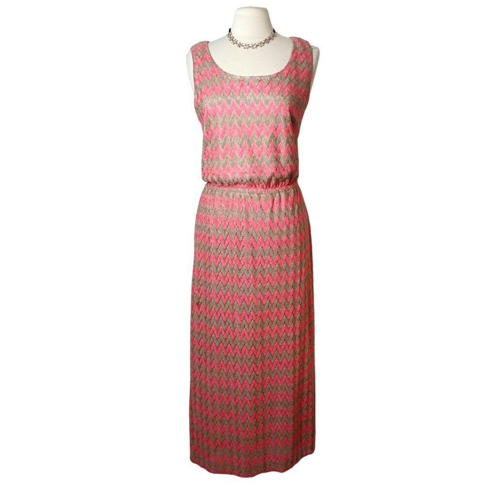 Jessica Howard Womens Sleeveless Maxi Dress Size 16 Pink Beige Chevron Textured